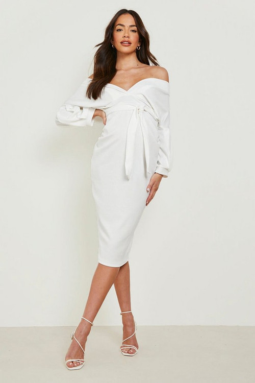Maternity Off The Shoulder Wrap Midi Dress | Boohoo.com (US & CA)