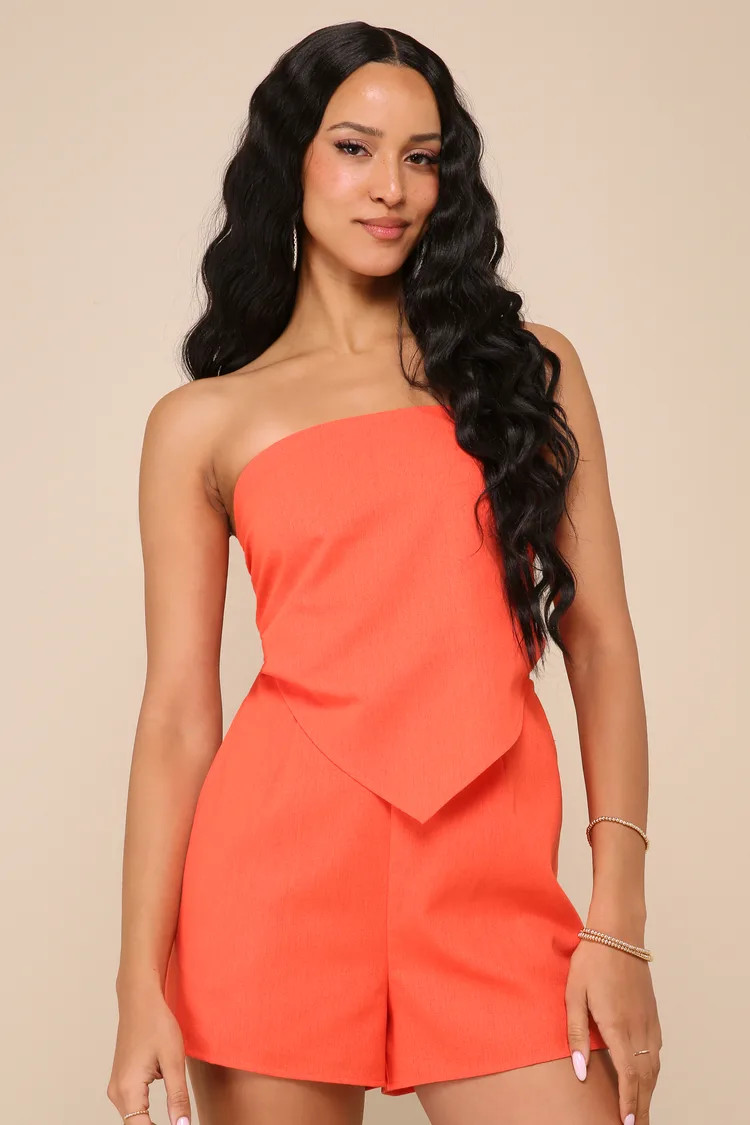 Iconic Pose Neon Orange Strapless Handkerchief Romper | Lulus