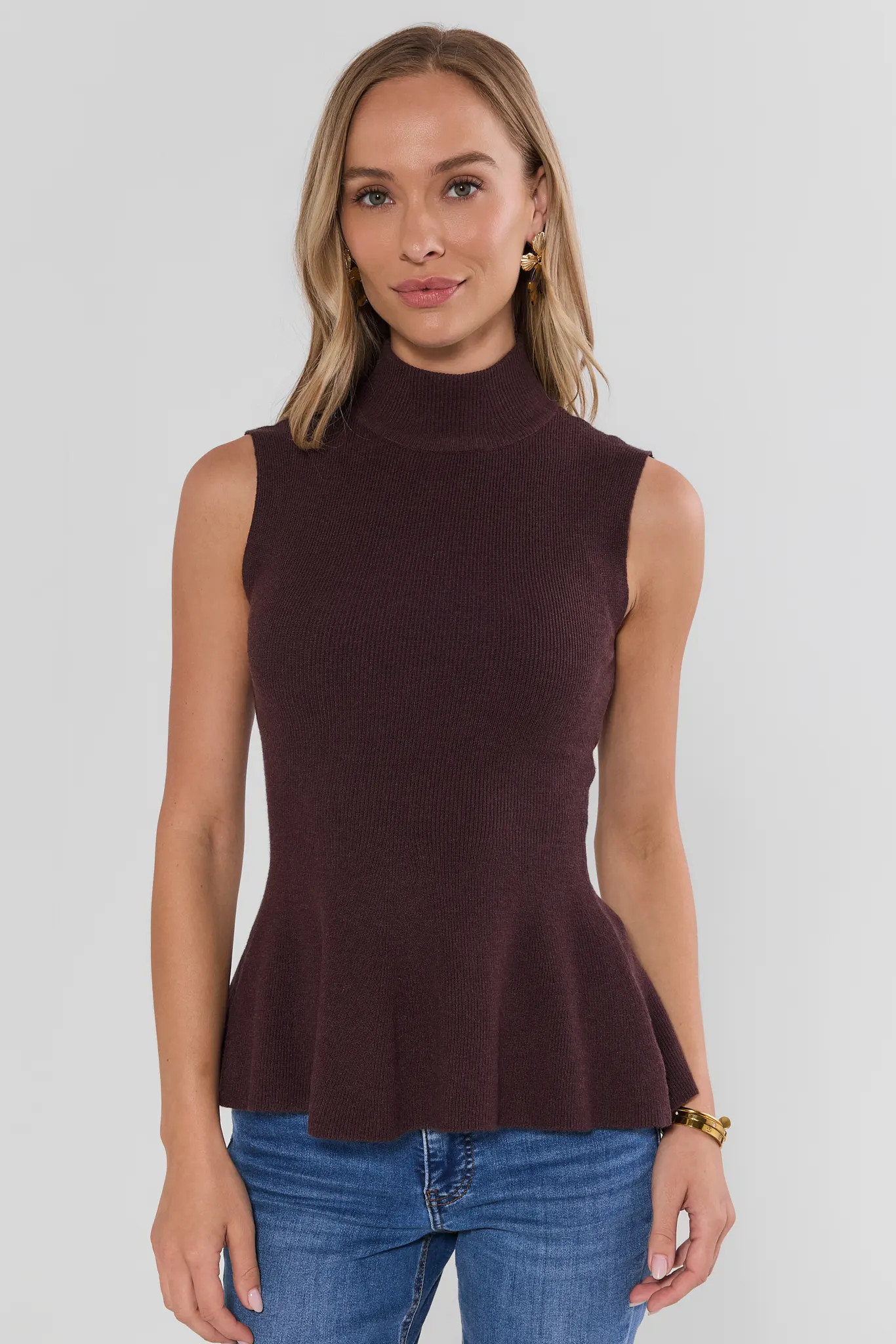 Brown Knit Sleeveless Turtleneck Top | Avara
