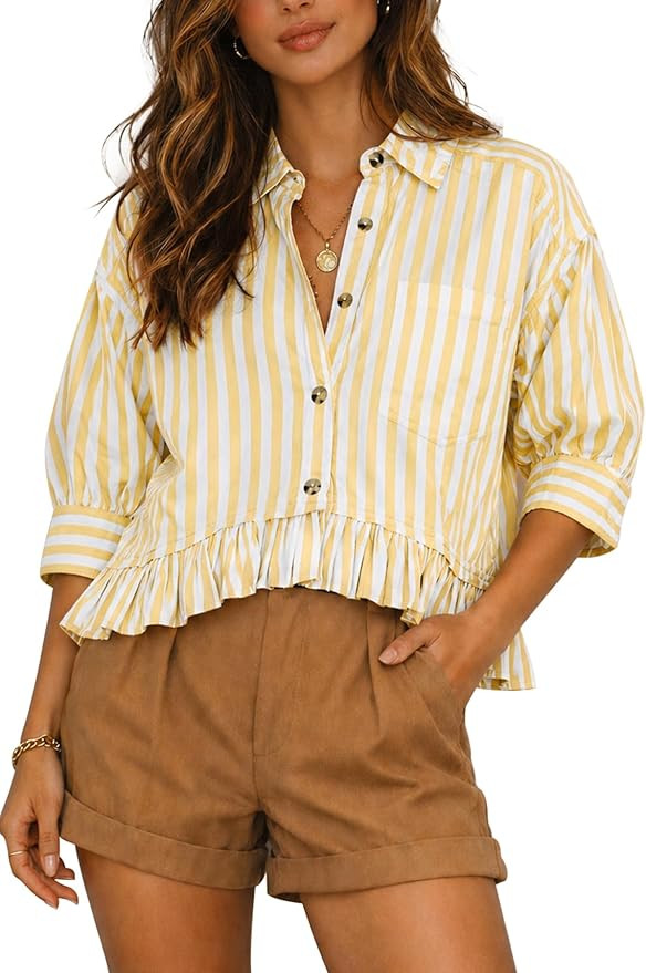 CHYRII Womens Summer Tops Dressy Casual Blouse Top Ruffled Short Sleeve Button Down Striped Shirt... | Amazon (US)