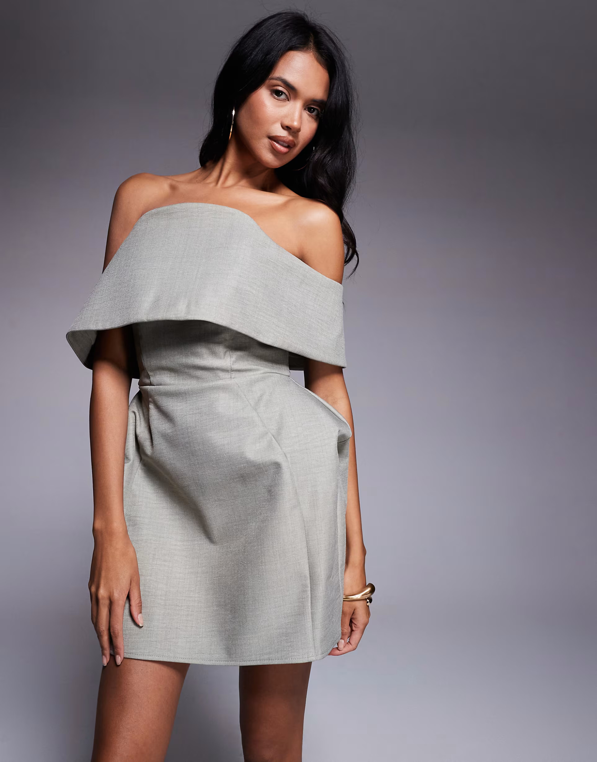 ASOS DESIGN structured deep fold off the shoulder mini dress with angled skirt in stone | ASOS (Global)