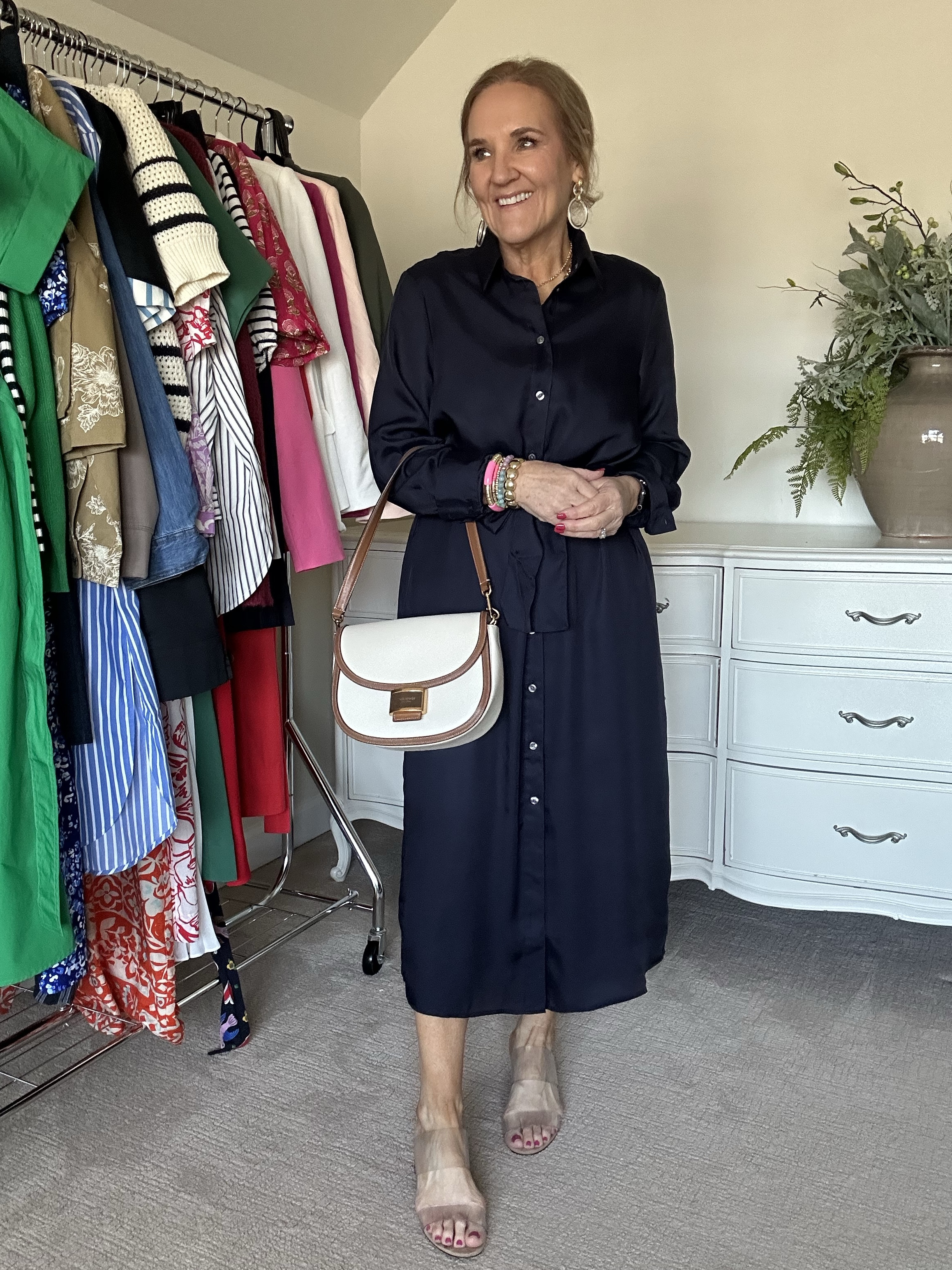 Satin Shirtdress size medium 

Beautiful classy shoes that are leg lengthening true to size 
Eby bra 15% off code nanettefs15
Allie Bess 20% off code NANETTE20
Linking a similar bag. Sane leather and brand just diff shape 

Navy dress work dress, Banana Republic factory

#LTKFindsUnder100 #LTKOver40 #LTKSaleAlert