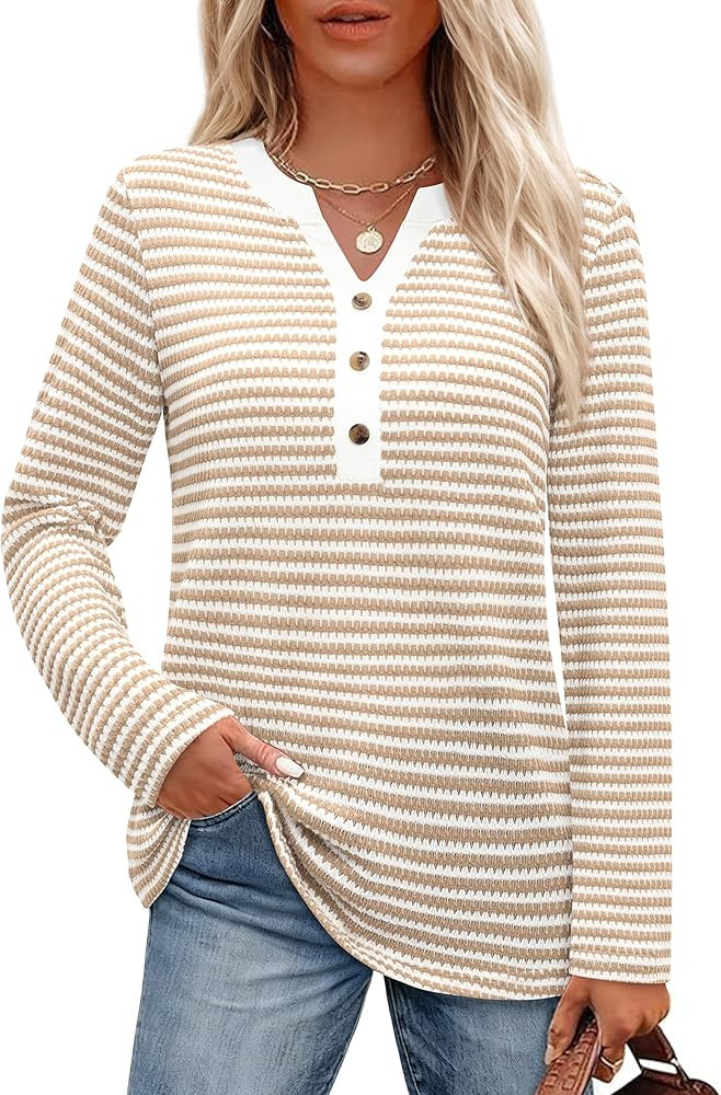 Striped Long Sleeve Shirt Women Waffle Knit Tops V Neck Shirts Womens Blouses Basics Clothing Cru... | Amazon (US)