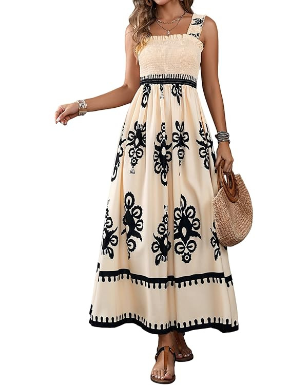 Womens Square Neck Smocked Midi Dresses Summer Casual Boho Long Maxi Dress Sundresses for Women 2... | Amazon (US)