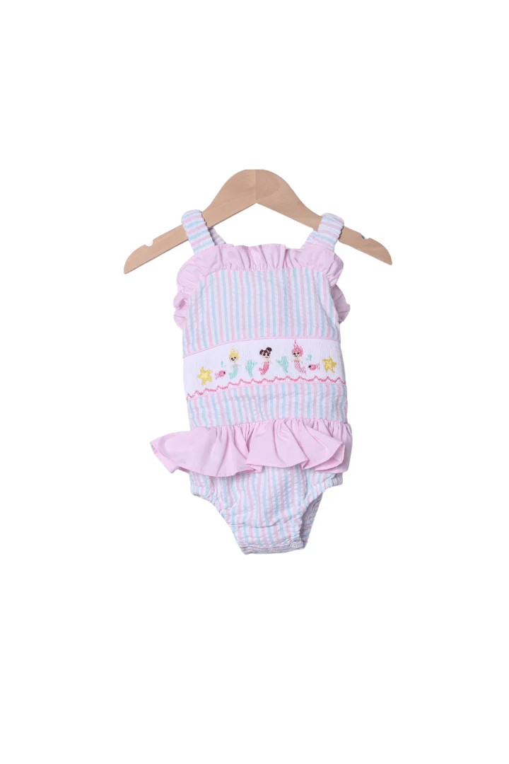 Smocked Mermaid Pink and Mint Seersucker Swimsuit | The Smocked Flamingo