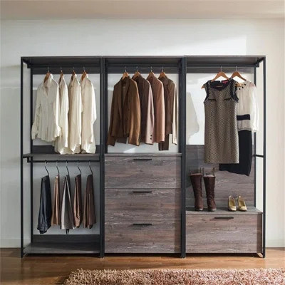 Wood Walk in Closet System with Drawer and Black Metal Frame in Weathered Wood Look | Wayfair North America