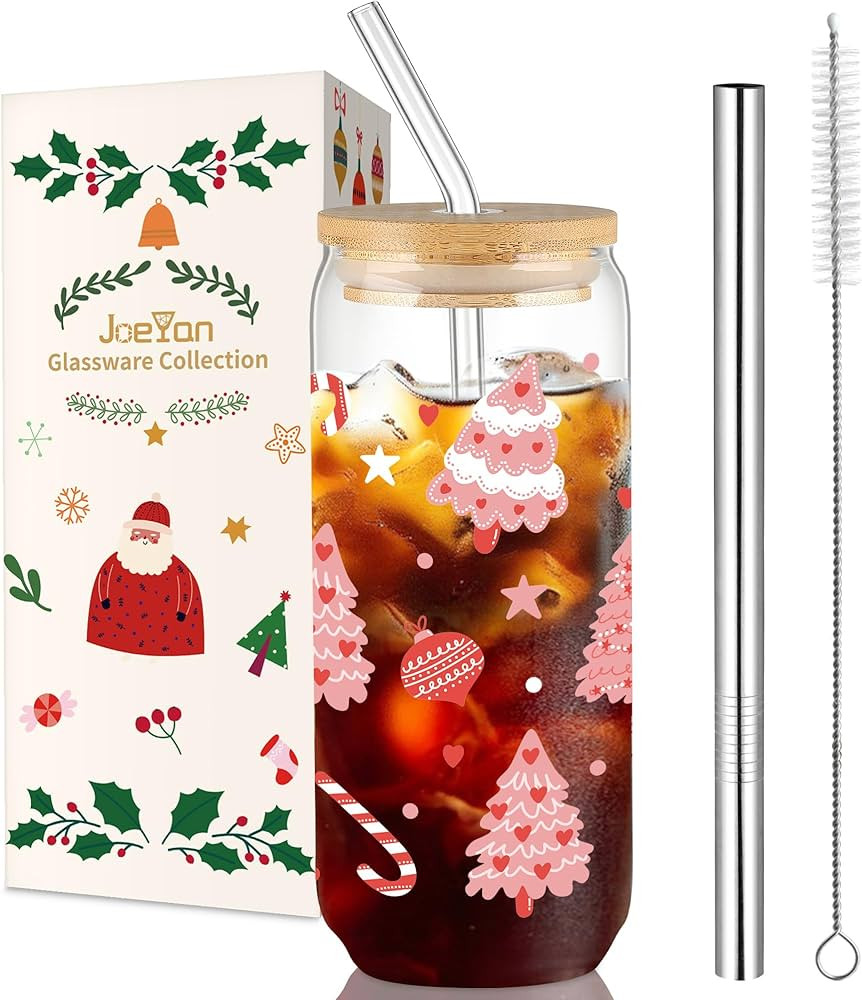Joeyan 600ml Weihnachtsgläser mit Rosa Weihnachtsbaum,20 oz Trinkgläser Weihnachten mit Deckel ... | Amazon (DE)