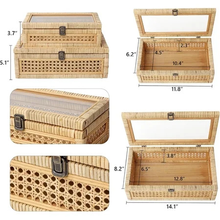 Rattan and Cane Stacking Boxes with Glass Top Lid - Set of 2 for Boho, and Rustic Farmhouse Decor | Walmart (US)