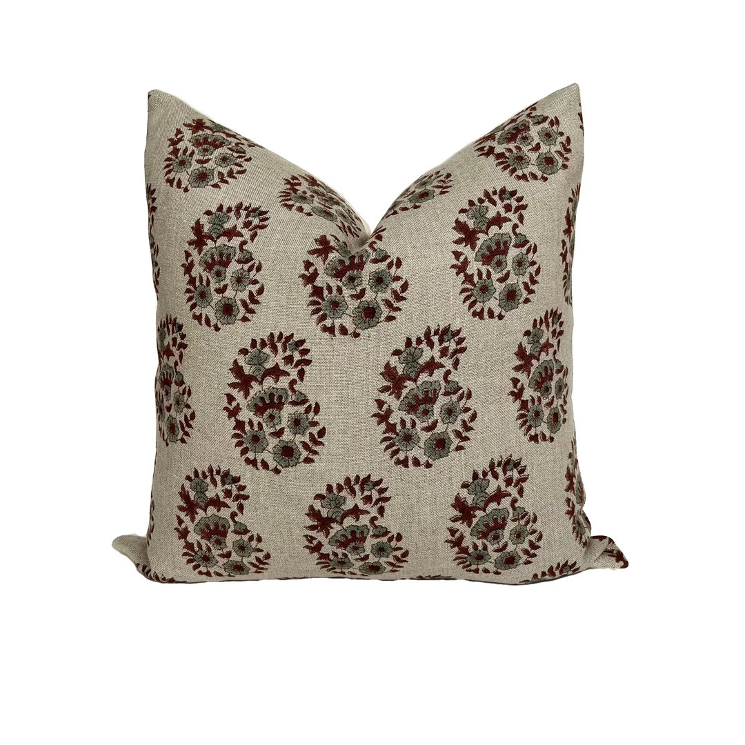 Floral Pillow Cover Designer Pillows Red Green Beige Cozy Home Decor 20x20 22x22 Linen Cushion Ca... | Etsy (US)