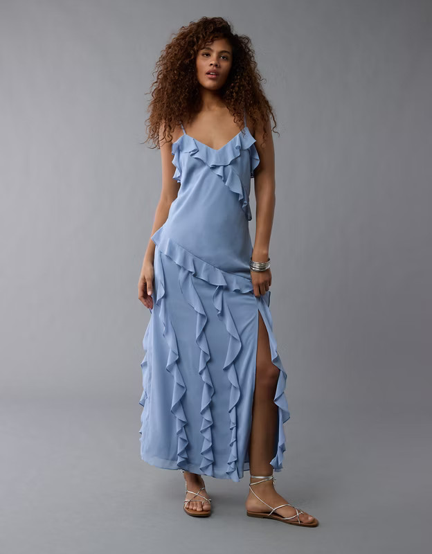 AE Asymmetrical Ruffle Maxi Slip Dress | American Eagle Outfitters (US & CA)