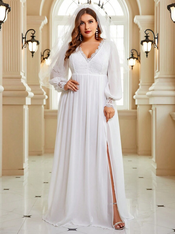 SHEIN Belle Plus Split Thigh Lace Trim Split Thigh Wedding Dress Without Veil | SHEIN