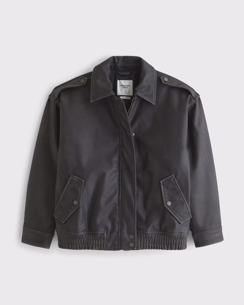 Vegan Leather Distressed Bomber Jacket | Abercrombie & Fitch (US)