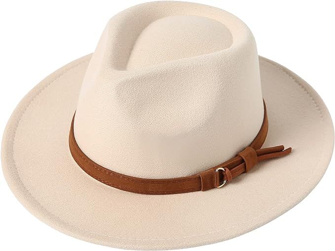 Lanzom Classic Fedora Hats for Women Lady Wide Brim Felt Panama Hat with Belt Buckle | Amazon (US)