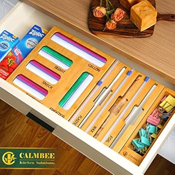 Calmbee Plastic Wrap Dispenser with Cutter and Ziplock Bag organizer, 9 IN 1 Bamboo Foil and Plas... | Amazon (US)