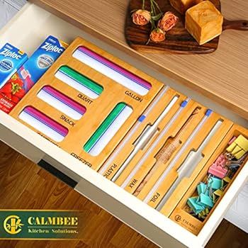 Calmbee Plastic Wrap Dispenser with Cutter and Ziplock Bag organizer, 9 IN 1 Bamboo Foil and Plas... | Amazon (US)