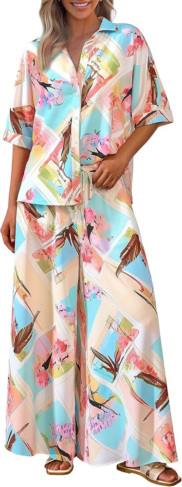 PRETTYGARDEN Women's 2 Piece Beach Vacation Outfit 2025 Casual Summer Floral Button Down Shirt Wi... | Amazon (US)