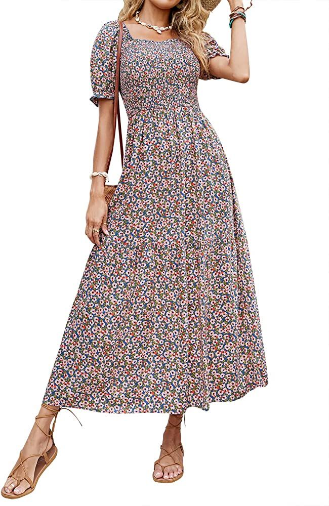 ZESICA Women's 2023 Summer Boho Floral Print Square Neck Ruffle Swing Beach Long Maxi Dress | Amazon (US)