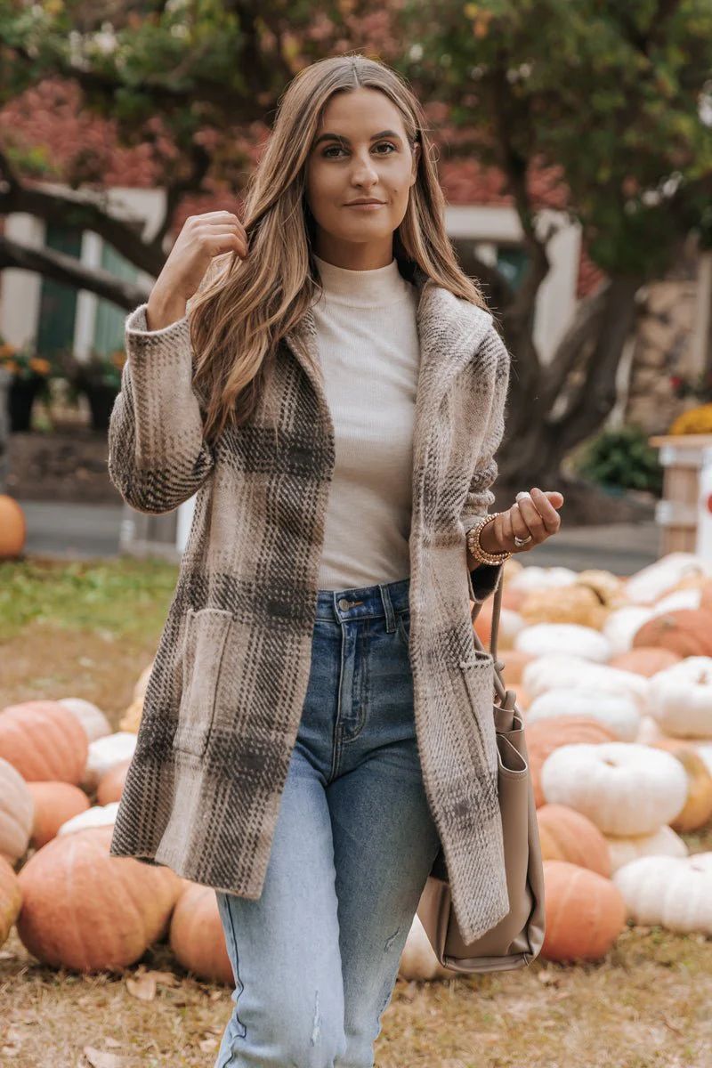 Taupe Plaid Hooded Open Knit Coat | Magnolia Boutique | Magnolia Boutique