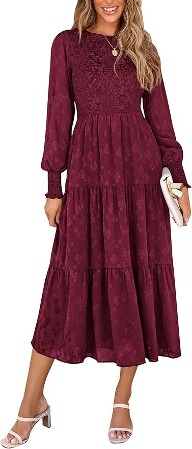 PRETTYGARDEN Women's Fall Midi Dress Long Sleeve Floral Smocked Elegant Wedding Guest Long Flowy ... | Amazon (US)