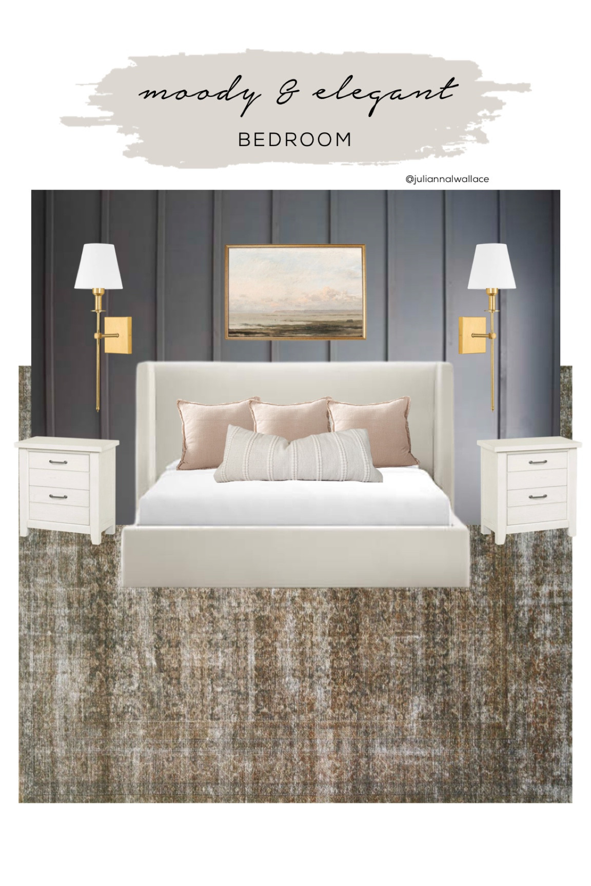 Moody bedroom style, master bedroom, gold scones, throw pillows, nightstands, area rug, accent wall, home decor, oil painting 

#LTKhome #LTKunder100 #LTKFind