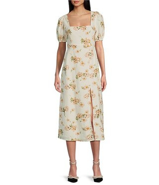 Floral Print Short Sleeve Side Slit Midi Dress | Dillard's