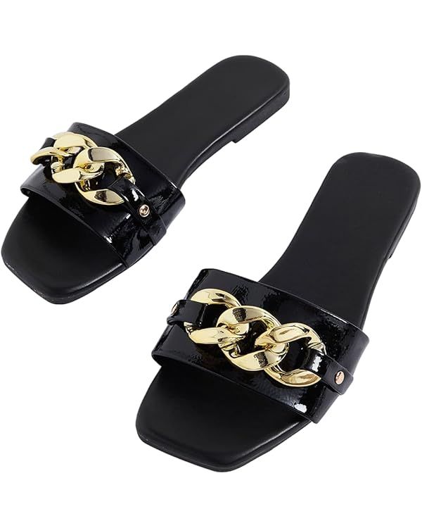 GORGLITTER Women's Metallic Flat Sandals Open Toe Single Band Slide Sandals | Amazon (US)