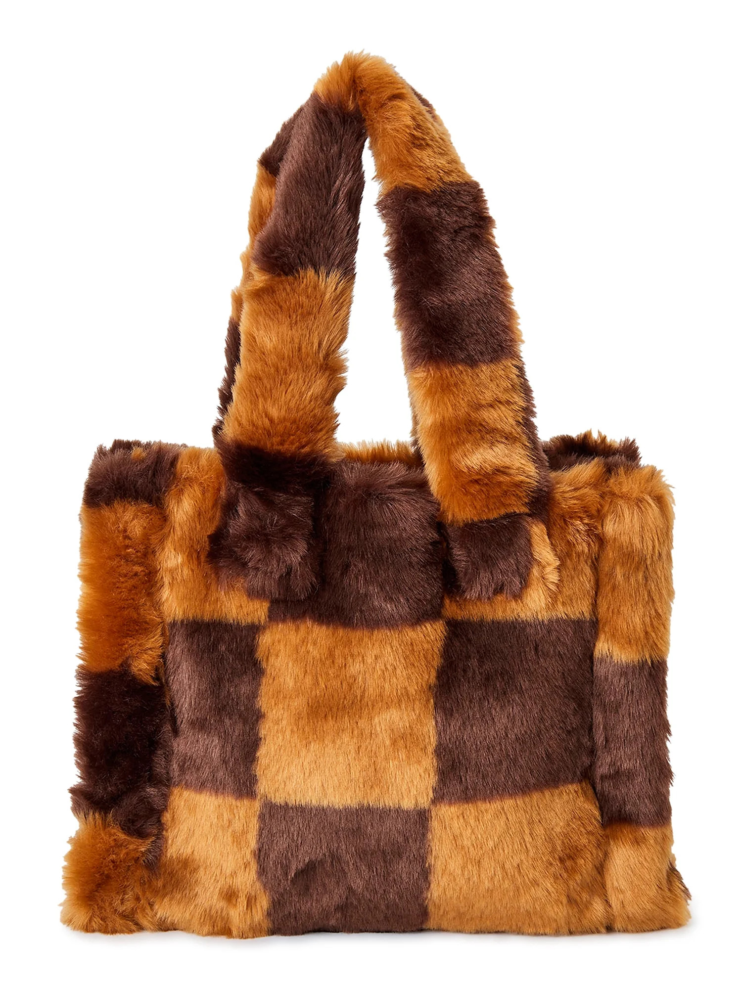 No Boundaries Women's Square Sherpa Tote Bag Brown Checker - Small | Walmart (US)