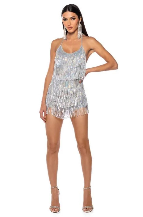 FLAPPER FRINGE ROMPER IN SILVER | AKIRA