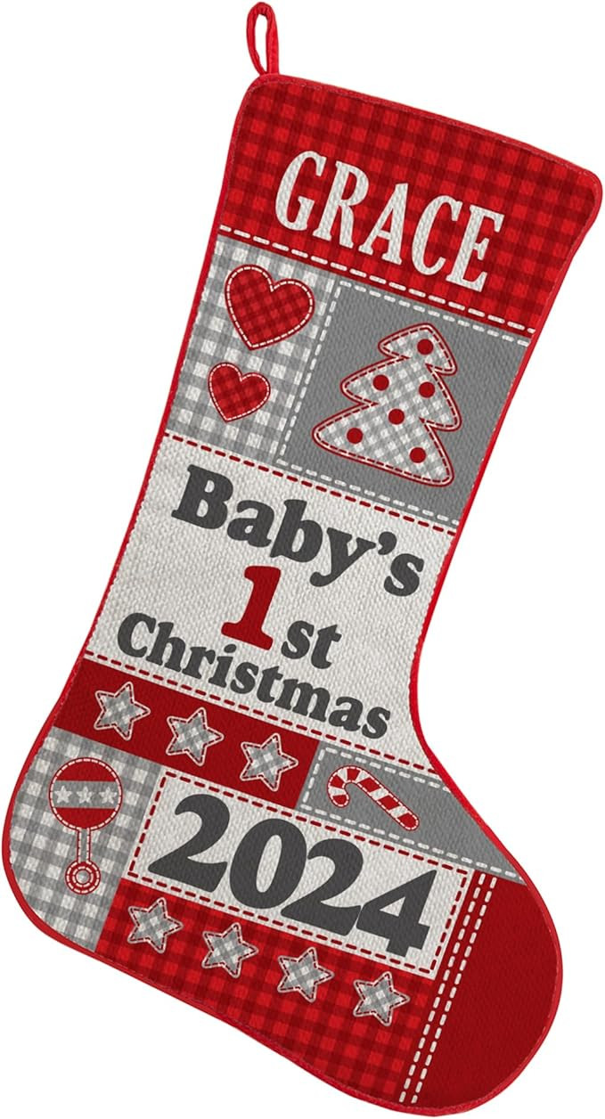 Let's Make Memories Personalized Christmas Stocking - Baby's First Christmas - Newborns - Red/Gra... | Amazon (US)