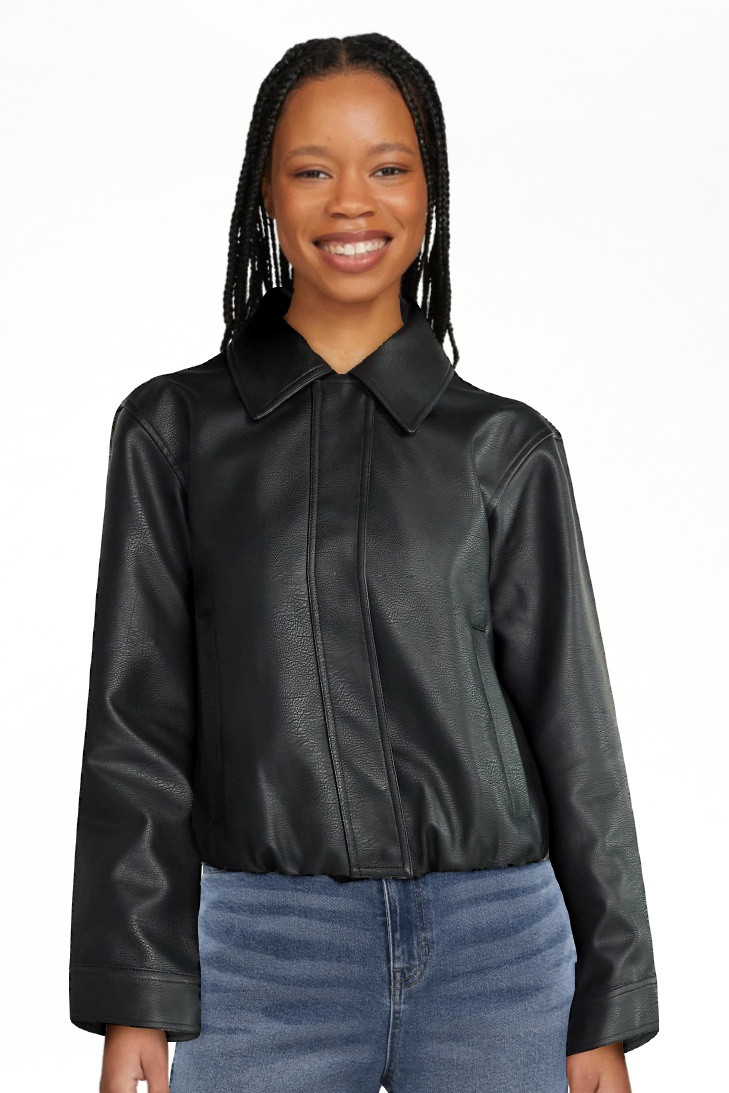 No Boundaries Bubble Hem Faux Leather Bomber Jacket, Women's | Walmart (US)