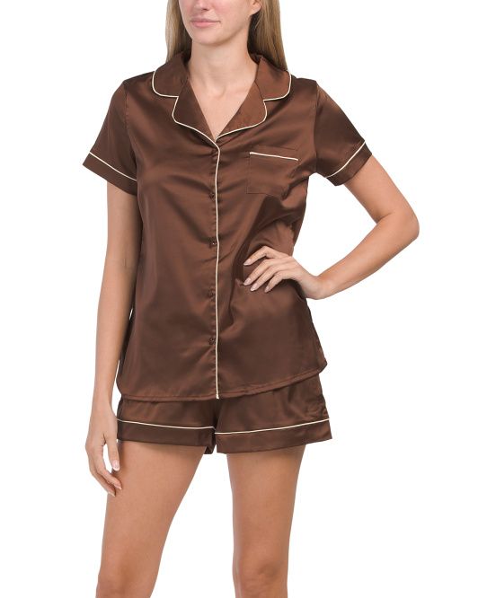 Tipped Satin Short Sleeve Notch Shirt And Shorts Pajama Set | TJ Maxx