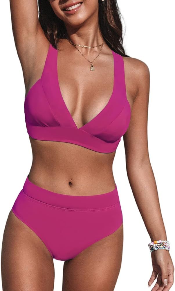 CUPSHE Bikini Set for Women Swimsuit High Waisted V Neck Wide Straps Back Hook Removable Push Up | Amazon (US)