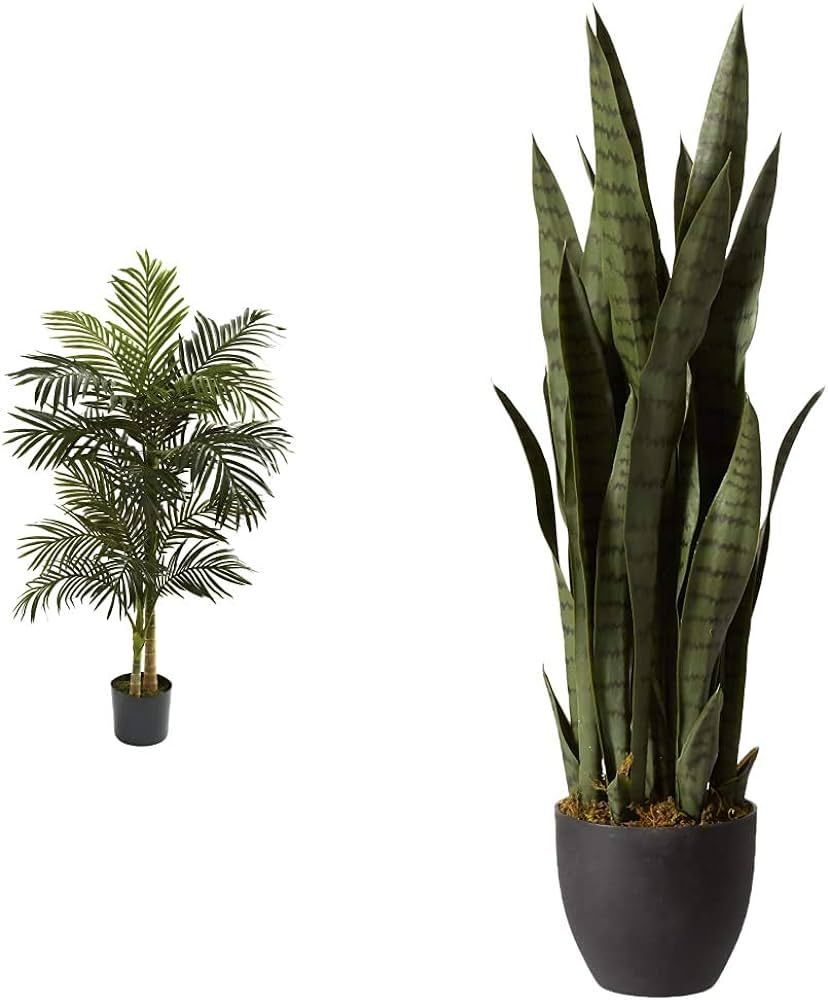 Nearly Natural 5ft. Golden Cane Palm Artificial Tree, Green & Green 4855 35in. Sansevieria with B... | Amazon (US)