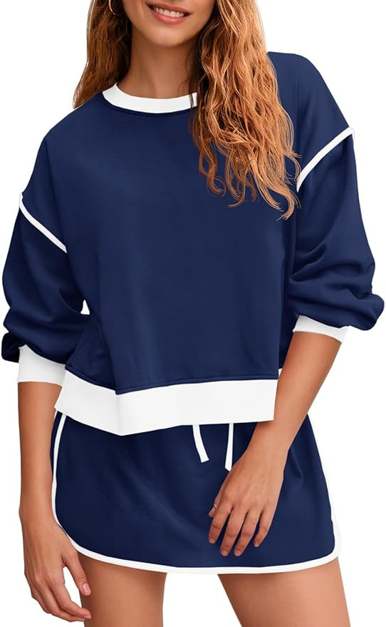 Fisoew Womens Sweatsuits 2 Piece Set Crewneck Sweatshirts High Waisted Skort Skirts Tennis Runnin... | Amazon (US)