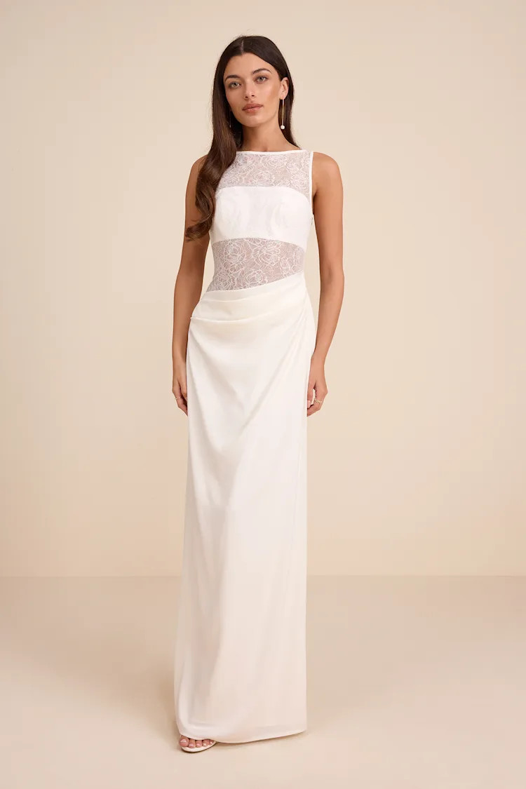 Akasha White Sheer Lace Mixed-Media Maxi Dress | Lulus