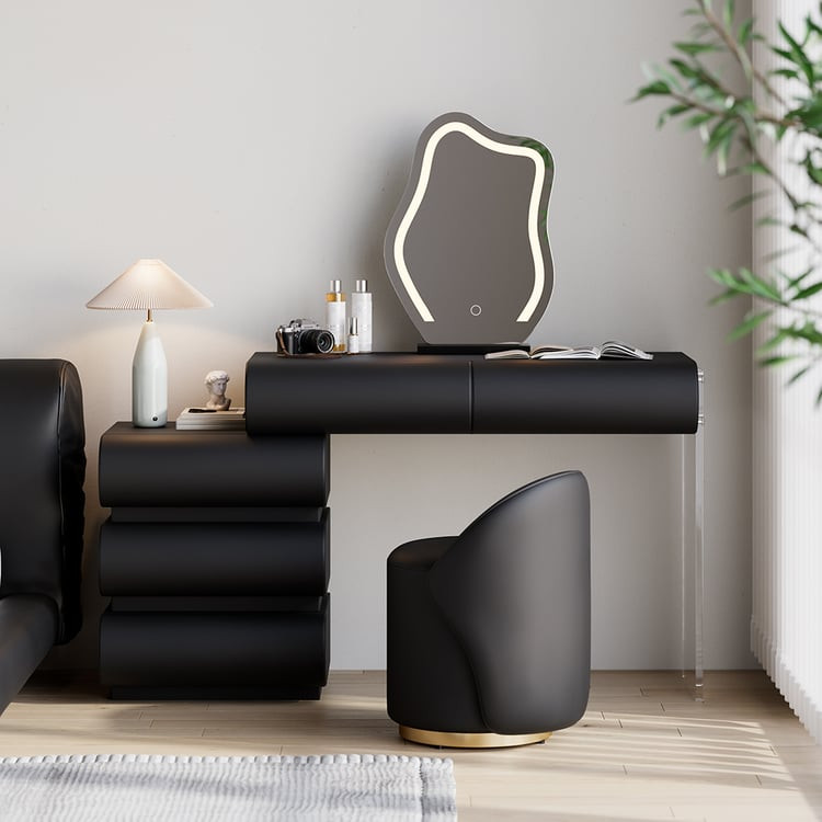 Humply Modern Black Makeup Vanity Set PU Leather Dressing Table with Stool & LED Mirror｜Homary | Homary