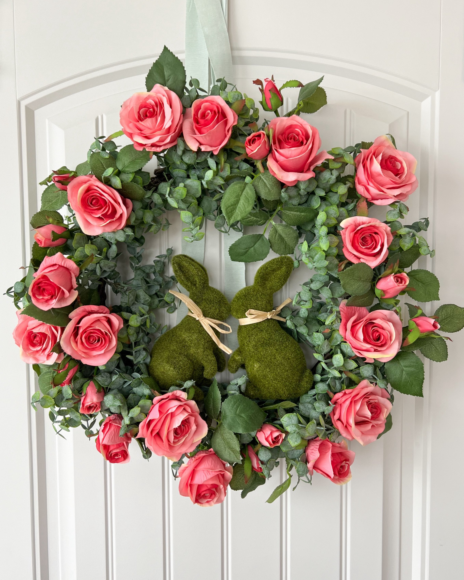 Spring Easter bunny wreath. Faux floral rose wreath. Moss bunnies. Spring decor  

#LTKhome #LTKSeasonal