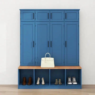 Farmhouse Hall Tree With 4 Hidden Hanging Hooks, Versatile Seating Bench With 8 Doors, Entryway Shoe Cabinet | Wayfair North America