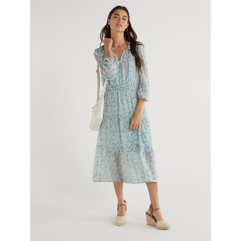 Time and Tru Women's Tiered Midi Dress with Puff Sleeves, Sizes XS-XXXL | Walmart (US)