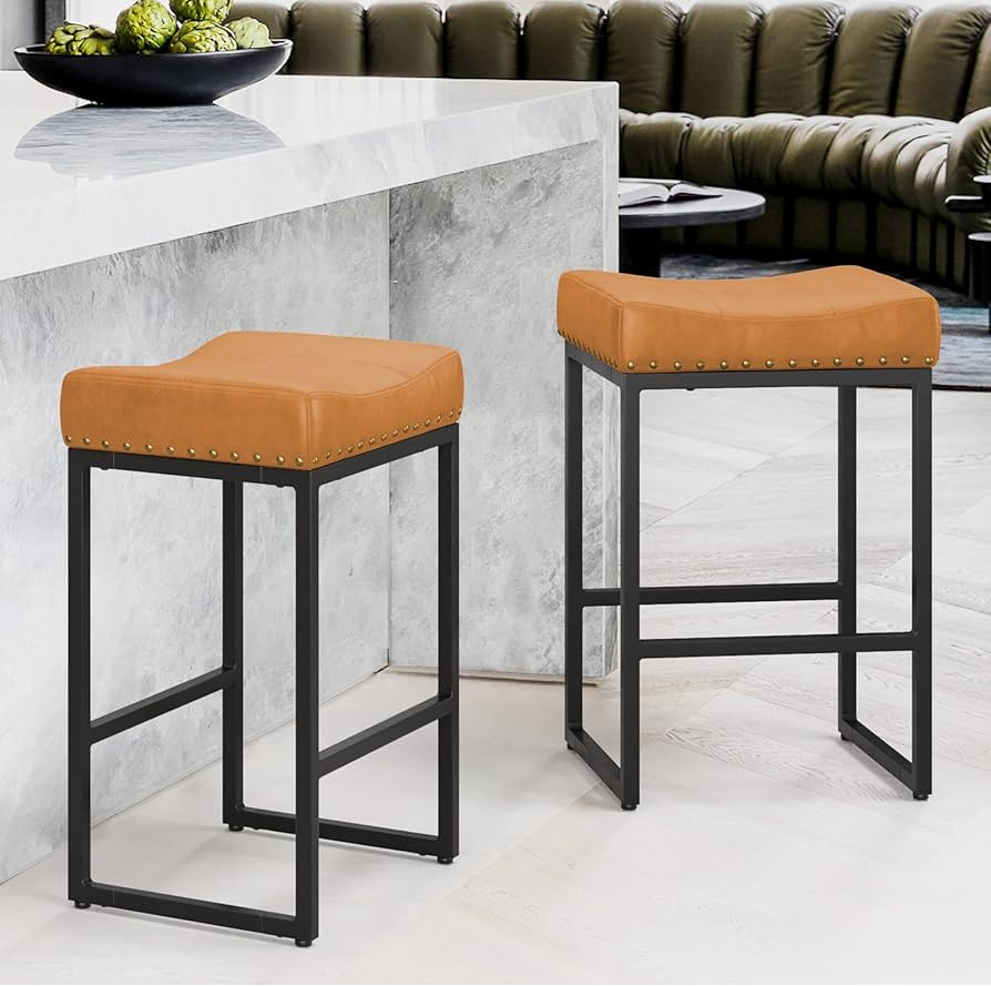 LUE BONA Counter Height Bar Stools, 24" Square Saddle BarStools Set of 2, Modern Backless Faux Le... | Amazon (US)