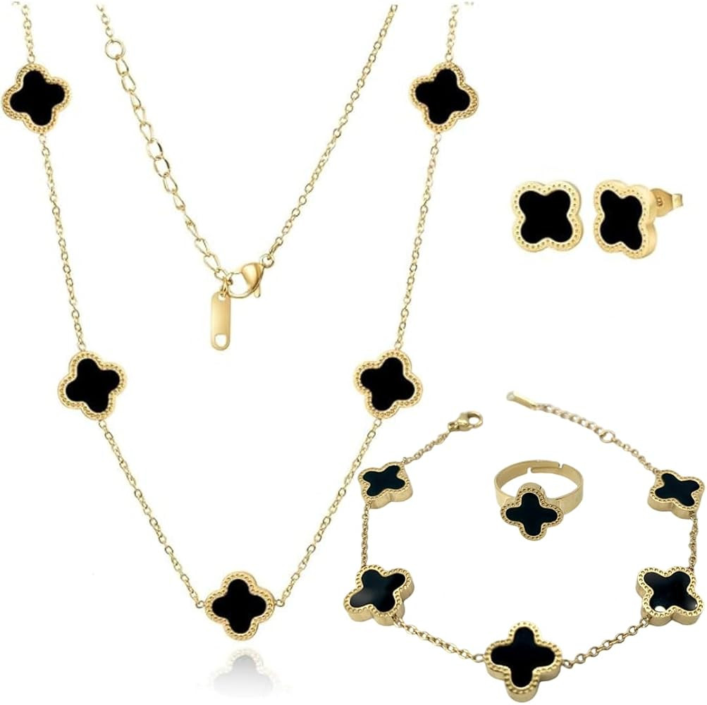 Clover Jewelry Set 18K Gold Plated Stainless Steel Necklace with Flower Design Four leaf clover f... | Amazon (US)