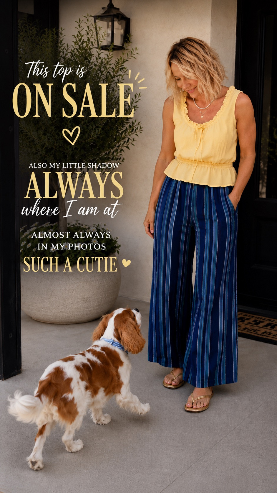 midsize fashion over 50, summer outfit inspiration, yellow sleeveless blouse, wide leg striped pants, casual summer style, everyday outfit ideas, affordable fashion finds, comfortable summer outfit, women over 50 fashion, midsize outfit ideas, summer wardrobe staples, casual chic style, gold sandals outfit, pet mom life, dog lover lifestyle, outfit of the day, bright summer colors, relaxed vacation style, easy summer fashion, confidence at every age, Anya’s Looks, summer sale finds, everyday style inspiration, Cavalier King Charles Spaniel, matching life with my dog, wearable fashion over 50
