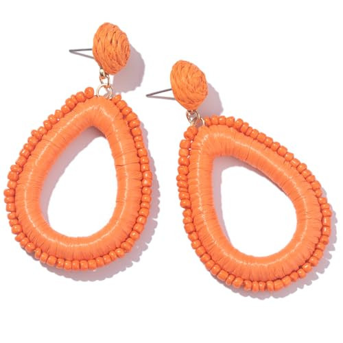 Beaded Teardrop Earrings Statement Raffia Wrapped Earrings Cute Handmade Seed Bead Earrings Bohemian Jewelry for Women(Orange) | Amazon (US)