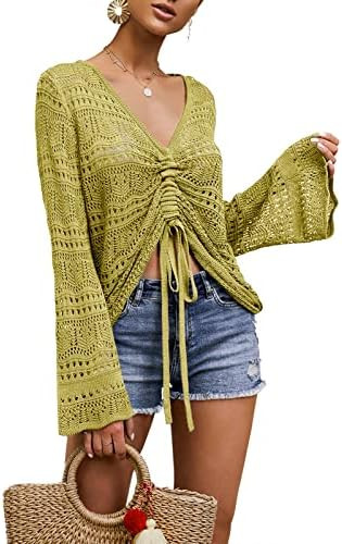 Saodimallsu Womens Boho Off Shoulder Sheer Crop Tops Bell Sleeve Flowy Oversized Crochet Ruched P... | Amazon (US)