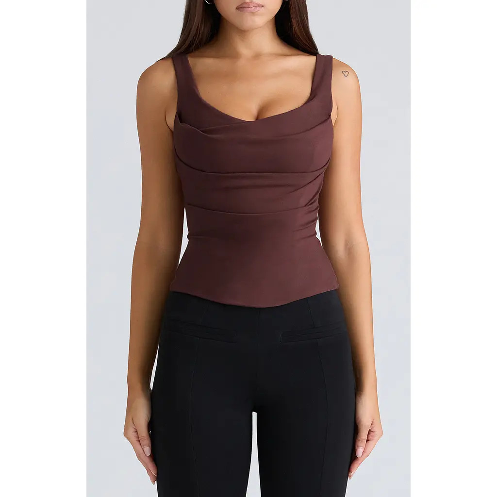 HOUSE OF CB The Drape Neck Corset Top in Chocolate at Nordstrom, Size X-Large A | Nordstrom