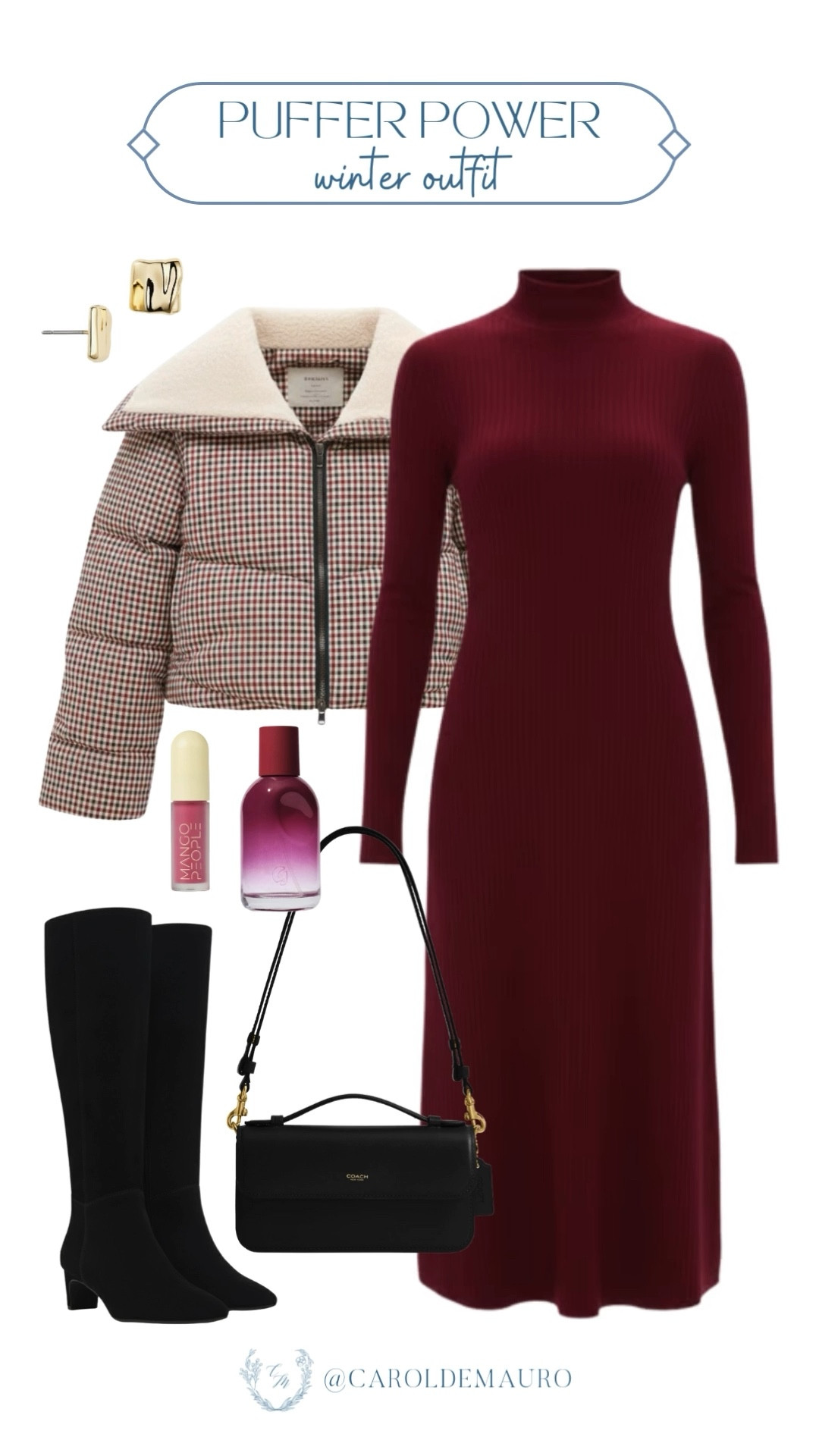 Deep burgundy is such a stunning choice for winter! Here's how to style it and stay warm with a red knit turtleneck dress layered with a cute puffer jacket.

winter outfit, dressy look, cutesy outfit, suede boots, cozy style, seasonal wardrobe, elevated basics, cold proof

#LTKSeasonal #LTKU #LTKFindsUnder50
