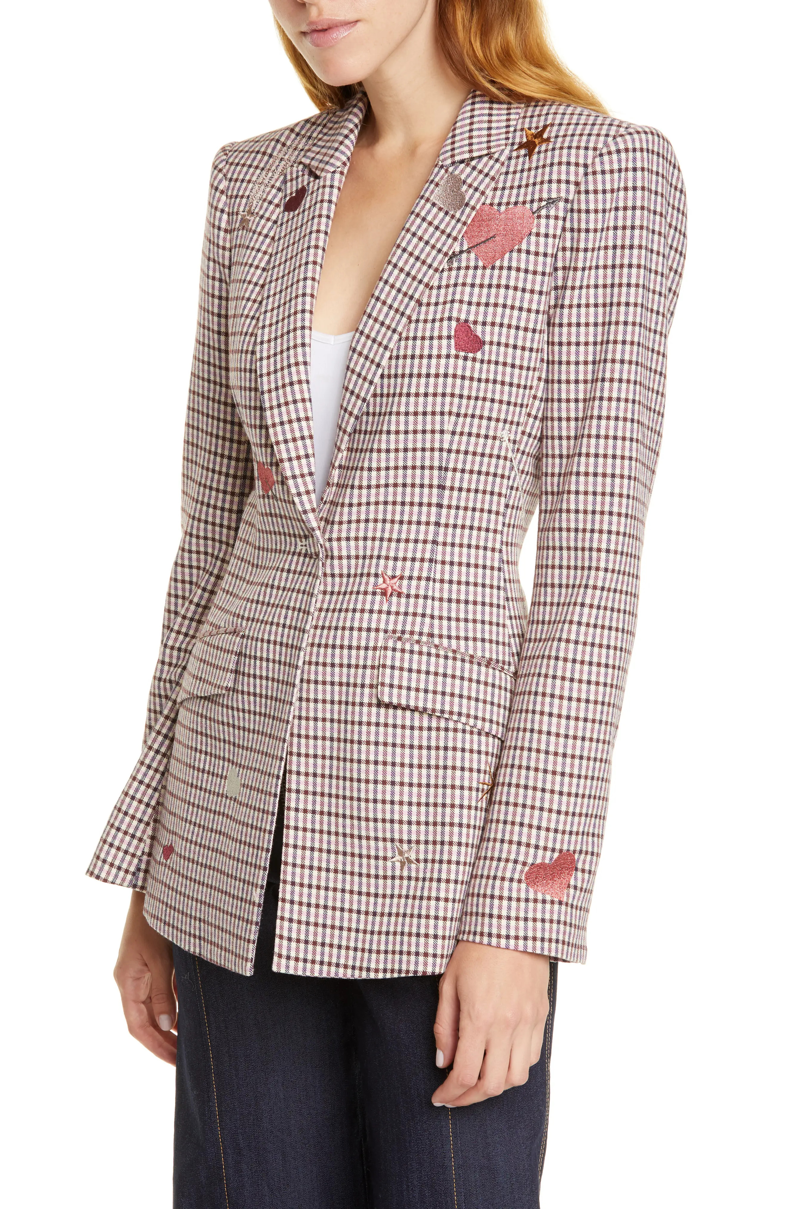 Women's Cinq A Sept Estelle Check Embroidered Blazer, Size 4 - Black | Nordstrom