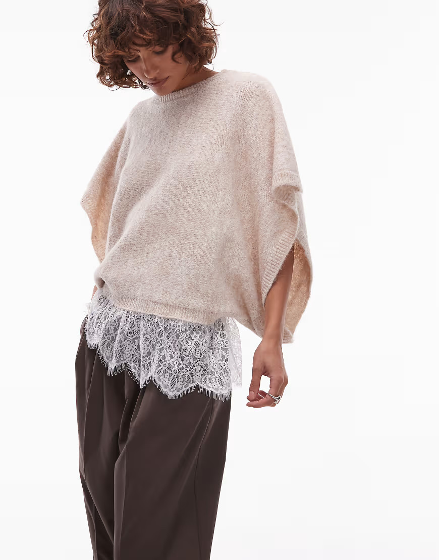 ASOS DESIGN wool blend knitted cape with lace trim in ecru-White | ASOS (Global)