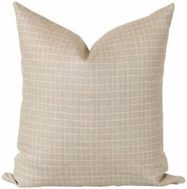 Laurel & Blush 100% Cotton Throw Pillow Covers 18x18 Inch - Jasper Beige with Horizontal & Vertic... | Amazon (US)