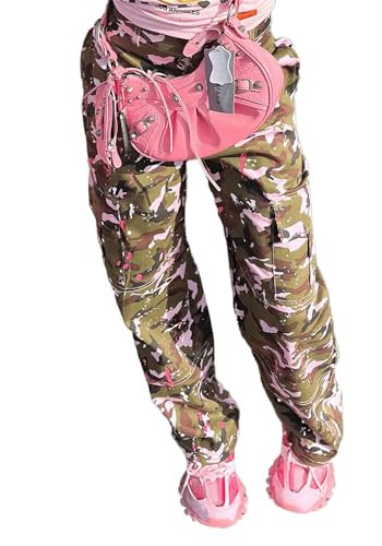SHINFY Women's Camo Cargo Pants Y2K Camouflage Wide Leg Baggy Army Pants Joggers Sweatpants with Flap Pockets | Amazon (US)